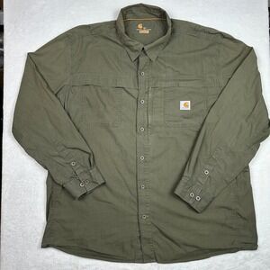 Carhartt Mens 2XL Relaxed Fit Long Sleeve‎ Work Shirt Green Cotton Nylon Spandex